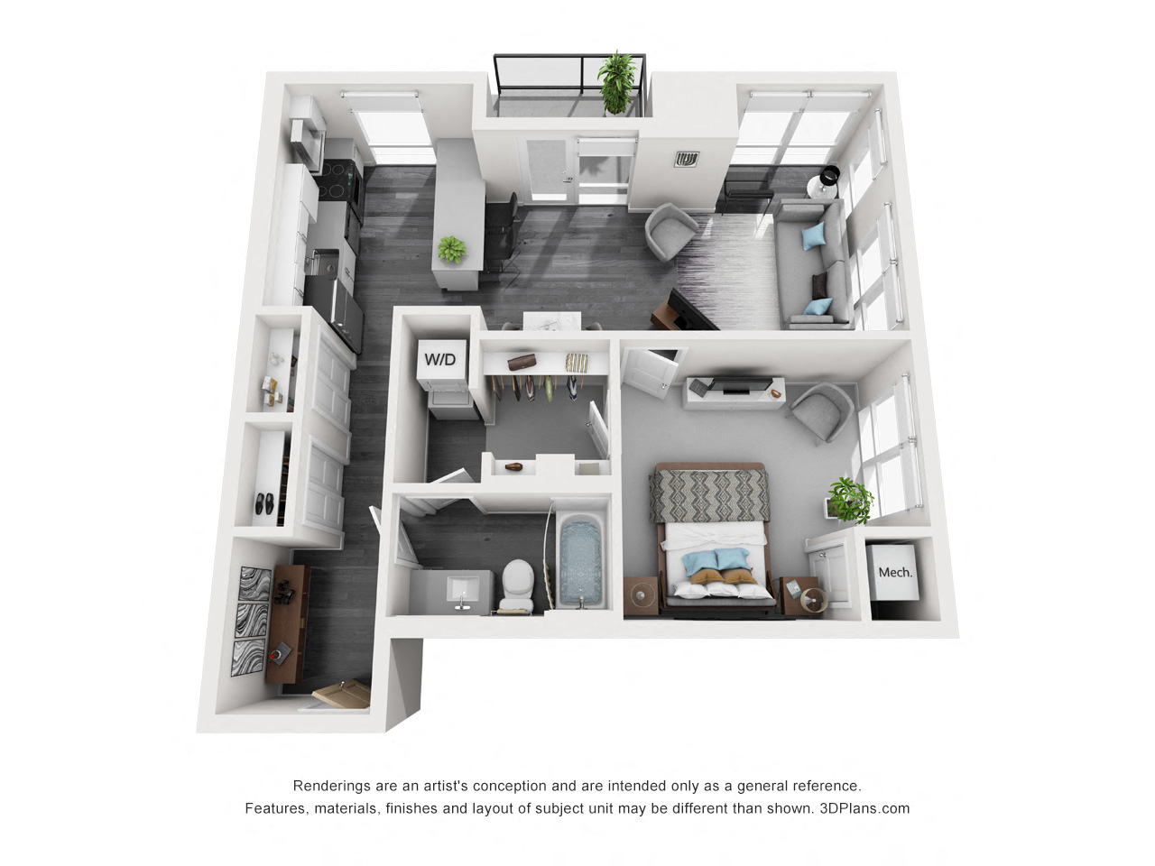 Floor plan for 1 bed, 1 bath, 808 sqft